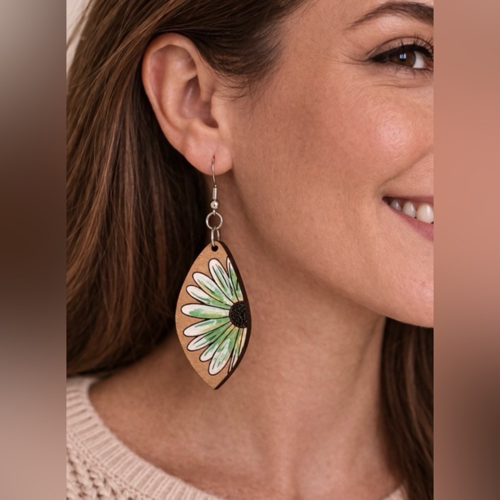 Green & White Floral Wooden Dangle Earrings Hand Painted Boho Spring Statement
